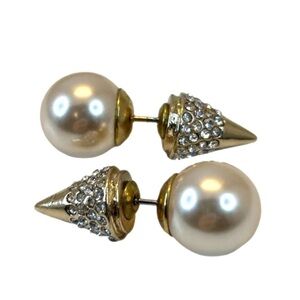 Pearl Studs With Pave Crystals Gold Tone Two in One Studs Earrings